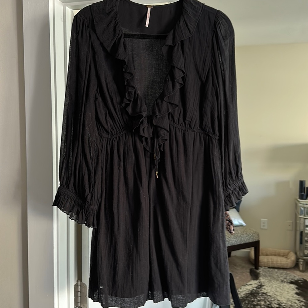 Black Sheer Cotton Gauze Ruffle mini Dress